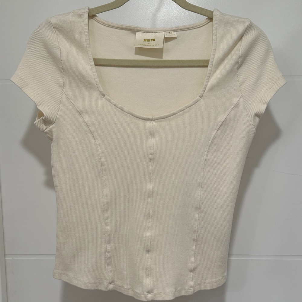 Anthropologie Maeve Size Large Cream Scoop Neck Ribbed Short Sleeve Top